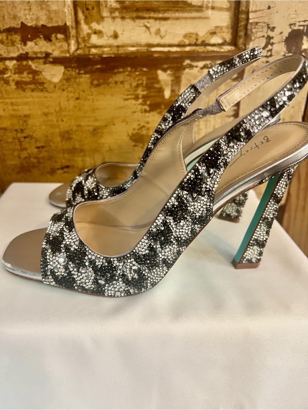 Betsey Johnson Rhinestone Houndstooth Slingback Heels Glam Statement Pumps